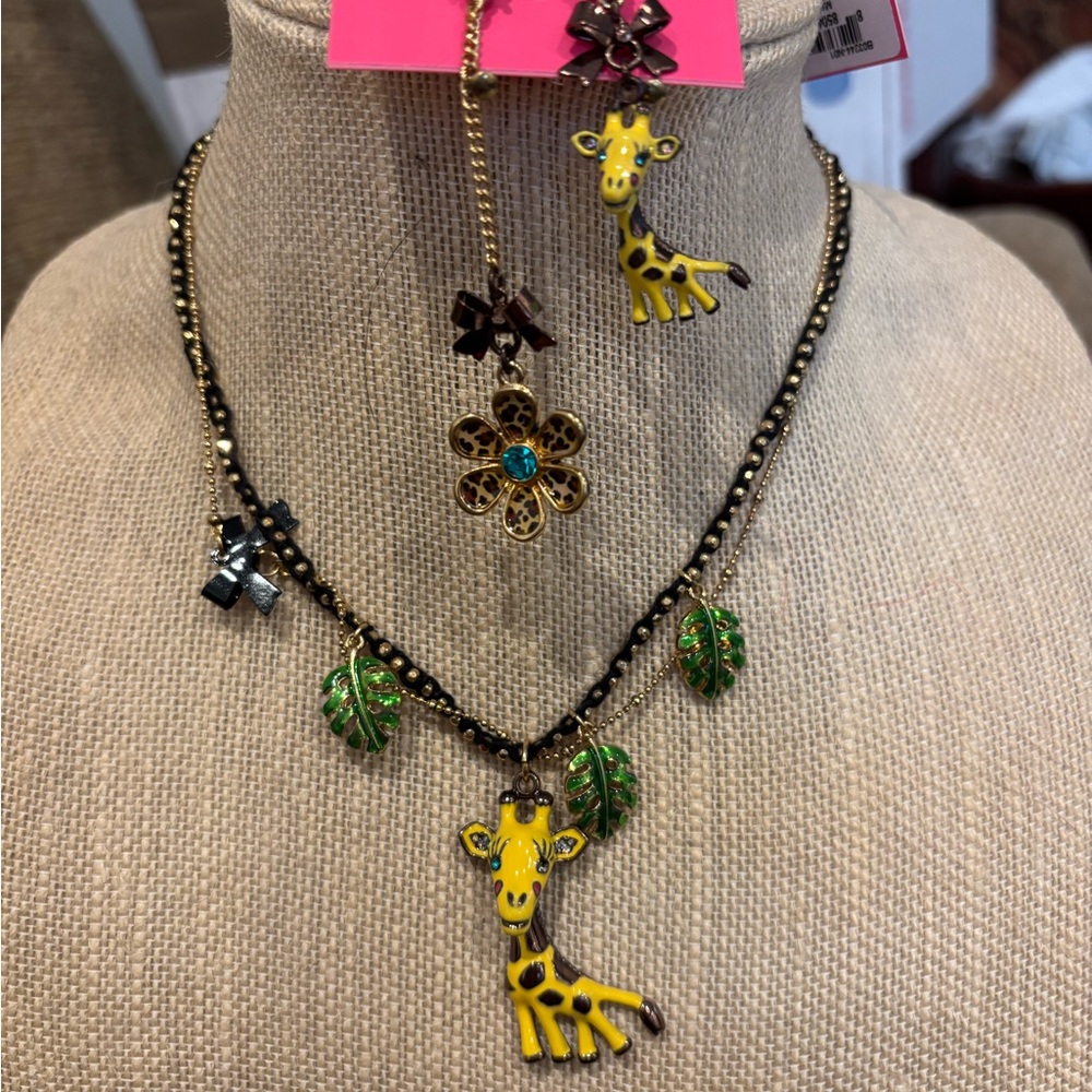 Betsey Johnson Giraffe and Leaf Necklace and earrings with Gold Accents